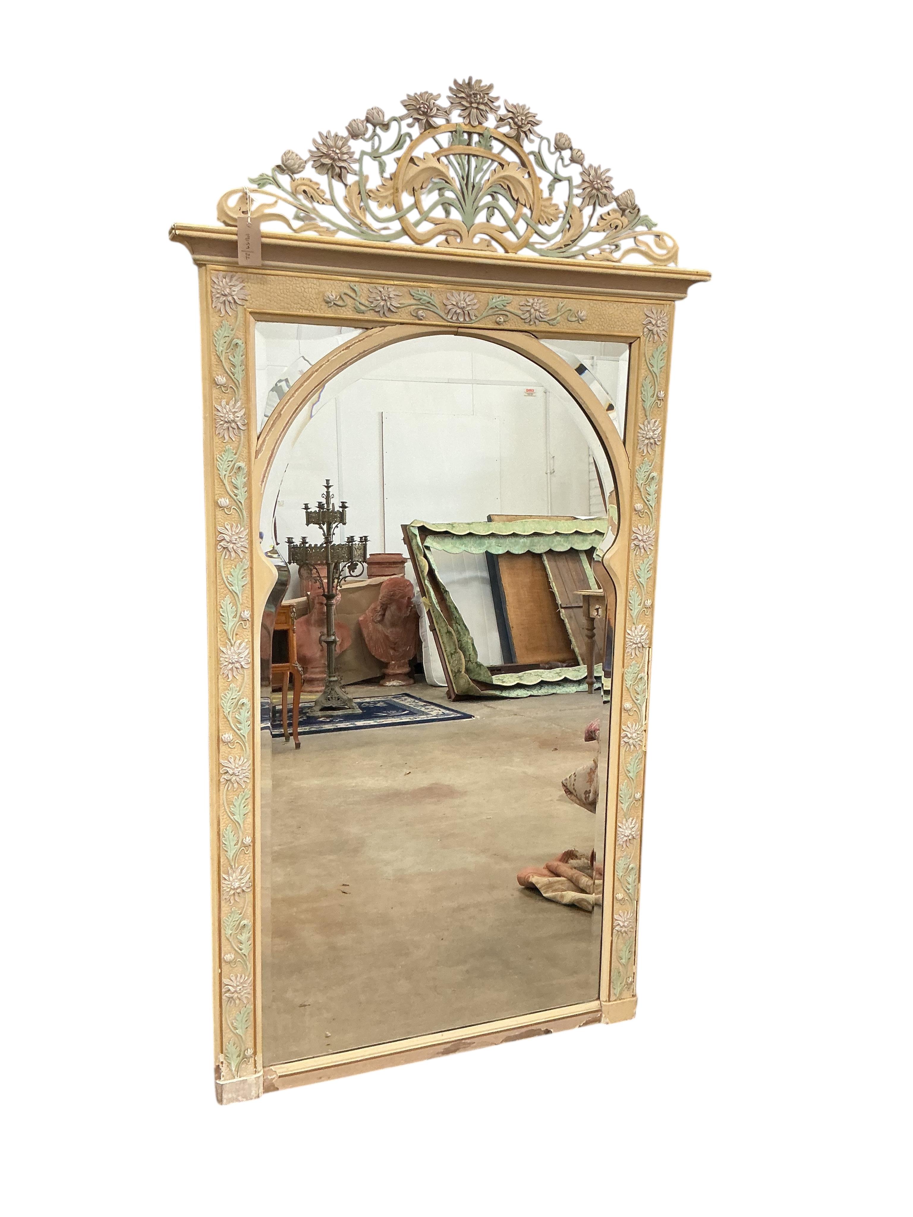 A painted marginal plate overmantel mirror, with pierced floral pediment, width 96cm, height 178cm